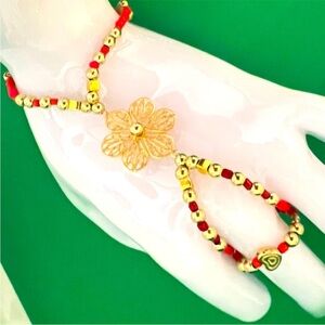 Gold and Red Beaded Flower Bracelet